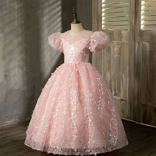 Customized O-neck Simple Elegant Birthday Party Vestidos Puff Sleeve Slim Sequined Prom Dress Ball Gown Princess Robe Flower Gir