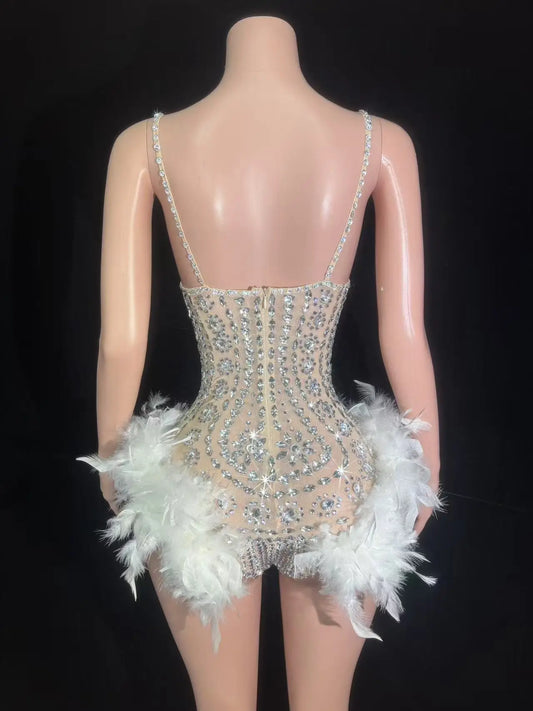 Sexy Sparkly Rhinestones Feathers Bodysuit Women Hollow Slip Performance Dance Costume Singer Dancer Stage Wear Party Outfit