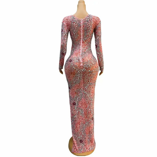 Sexy Pink Silver Rhinestones Transparent Long Sleeves Dress Birthday Celebrate Evening Stretch Costume Dance Performance Gowns