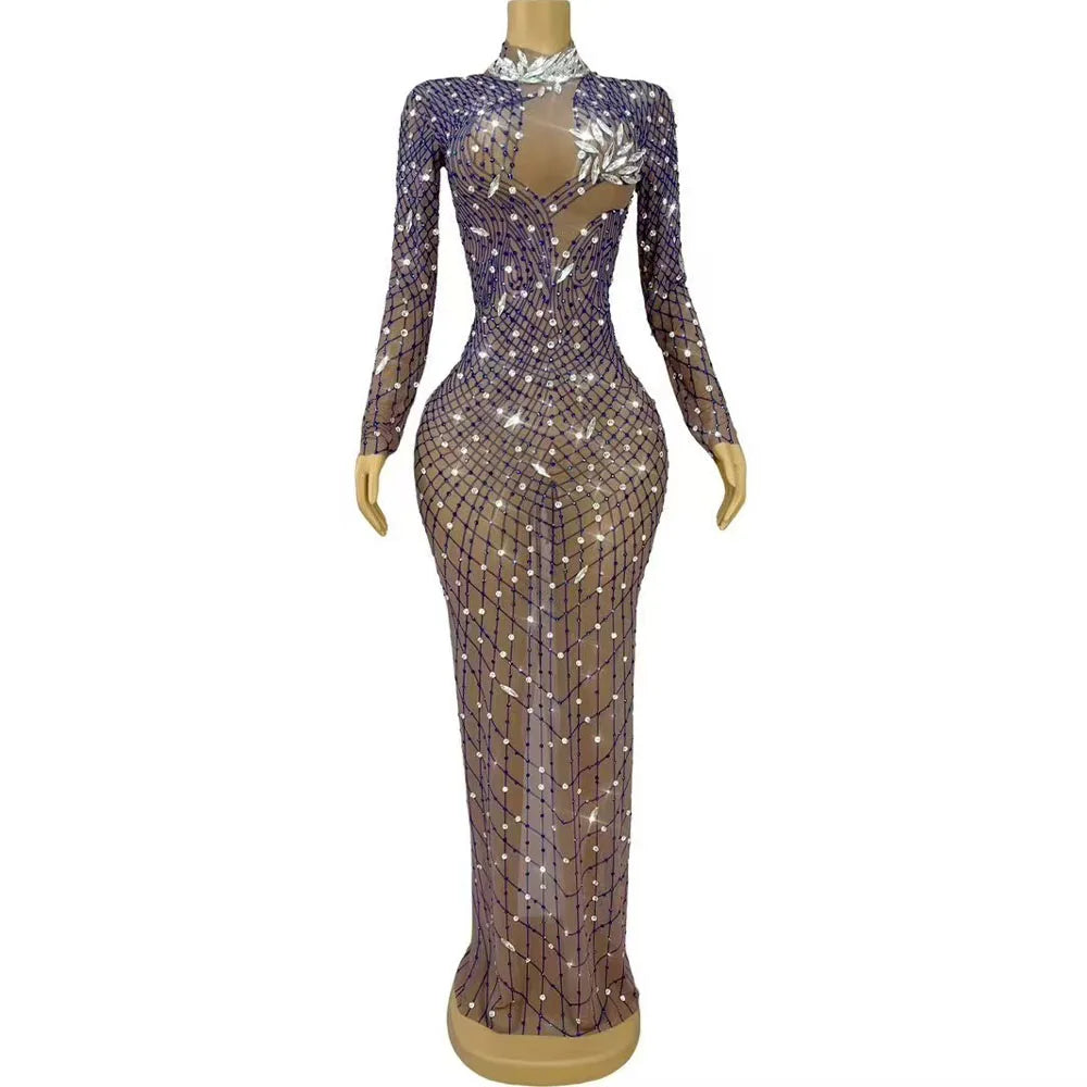 Sexy Luxurious Elegant Gown Shining Rhinestones Mesh Dress Women Birthday Evening Party Blingbling Photoshoot Outfit