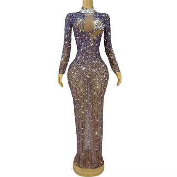 Sexy Luxurious Elegant Gown Shining Rhinestones Mesh Dress Women Birthday Evening Party Blingbling Photoshoot Outfit