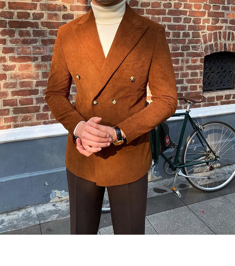 Blazer croisé élégant en velours côtelé bleu pour homme – Veste de costume slim de luxe pour mariages, dîners et événements spéciaux