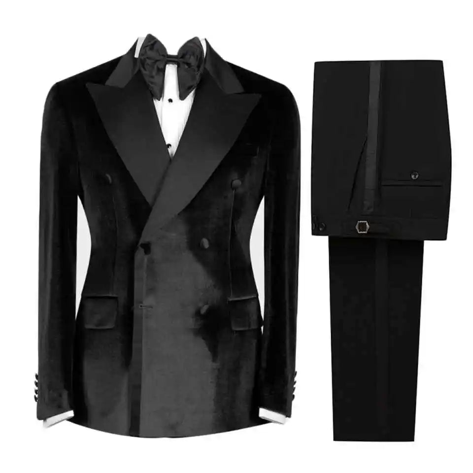 Elegant Velvet Men's Suits 2 Piece Blazer Pant Peaked Lapel Formal Business Occasion Costume Homme Ropa Hombre