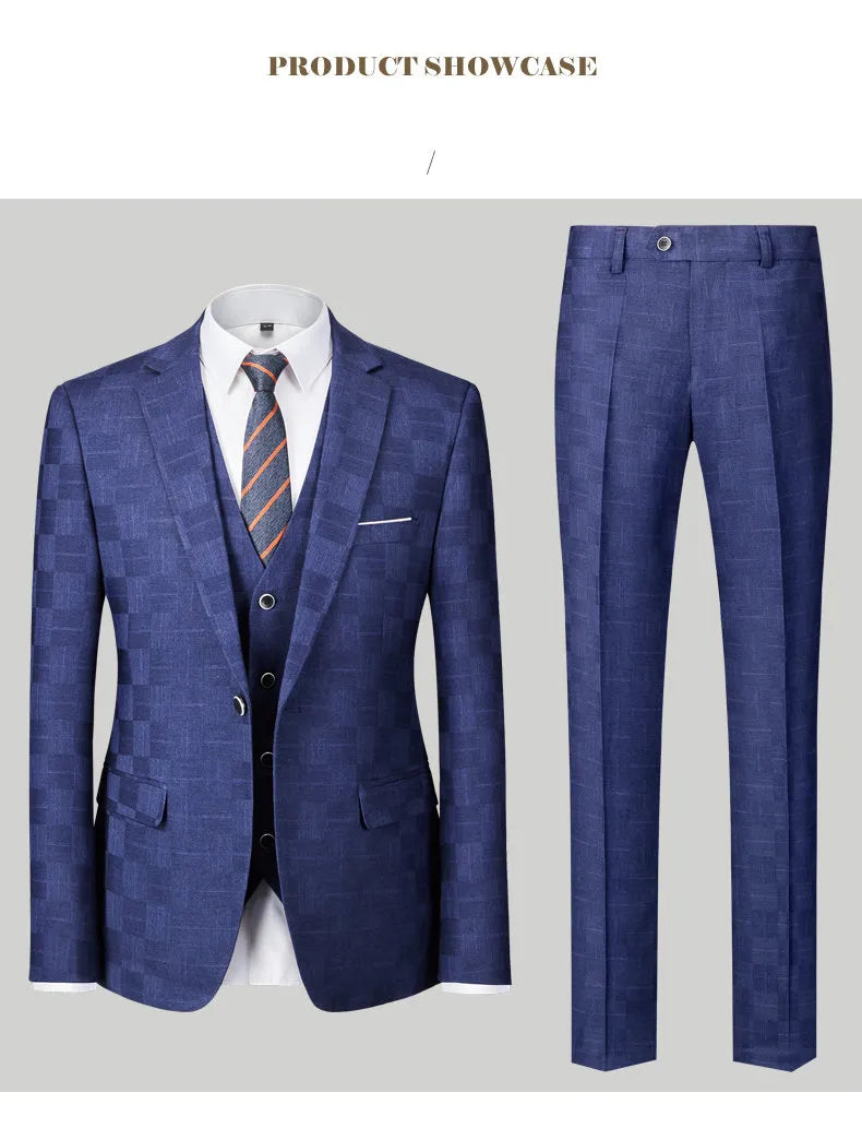 Plaid Men's Suit Korean Slim Suit Suit Men's Business Large Size Three-piece Set