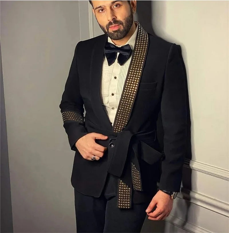 Black Men Suit Set 2 Piece Belted Blazer+Pants Trousers Wedding Tuxedo Groom Prom Coat Cotton Customized Formal Office Jacket