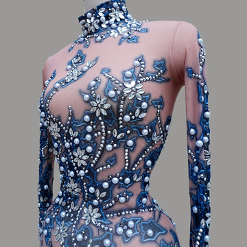 Women Long Sleeve Crystal Rhinestones Dress Mesh Sexy Singer Stage Outfits Evening Party Birthday Festival Drag Queen Costumes