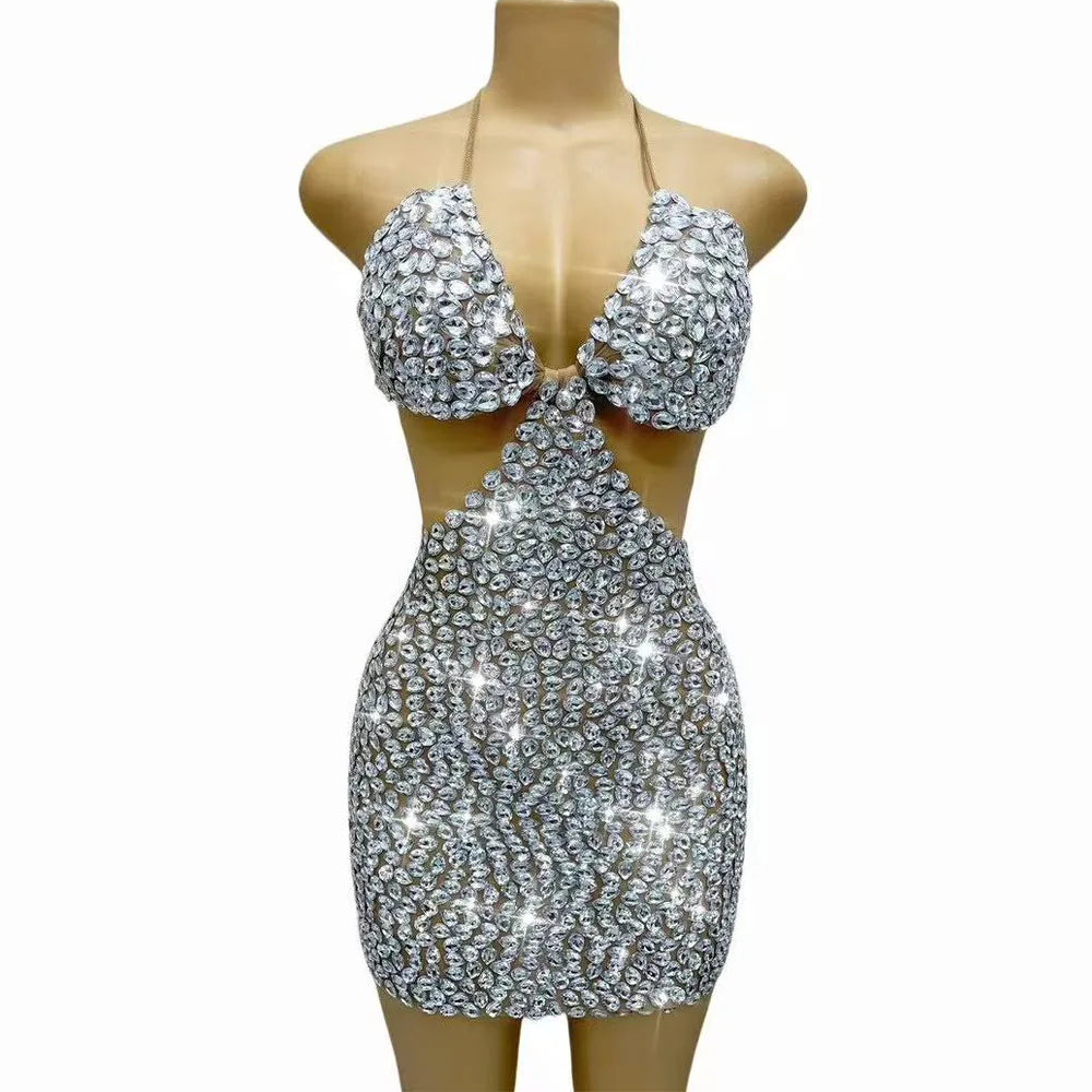 Luxury Sparkly Rhinestones Sexy Stage Hollow Waist Bandage Dress Singer Dancer Performance Cocktail Party Photoshoot Outfit