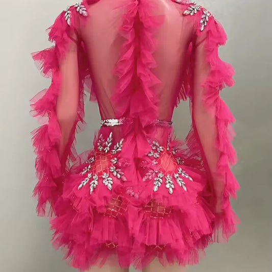Shiny Peach Red Sexy Layer Pleated Mesh Dress Evening Dress Performance Clothing Singer Stage Clothing
