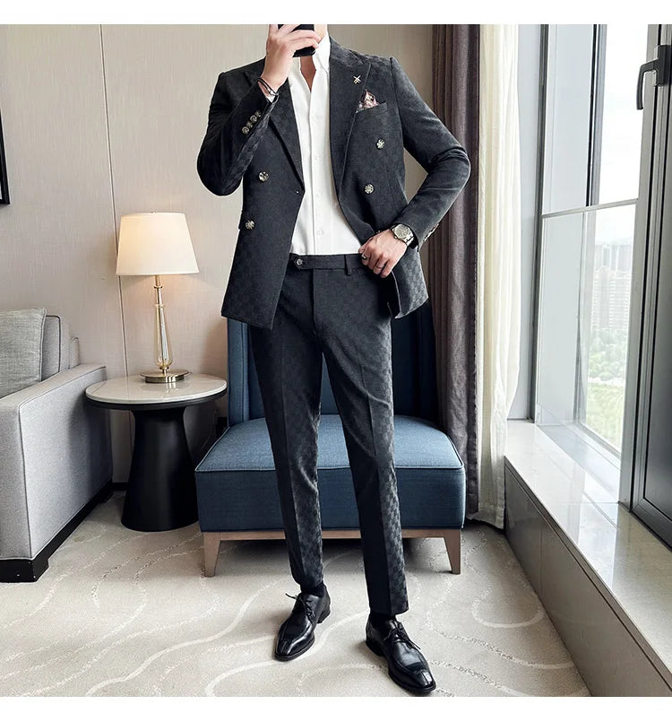 Elegant Double-Breasted Navy Checker Suit for Men – Custom Tailored Business & Wedding Attire, Stylish Formalwear Set