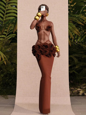 Ensemble jupe longue bandage sexy dos nu et motif floral marron pour femme, tenue de soirée élégante et élégante 