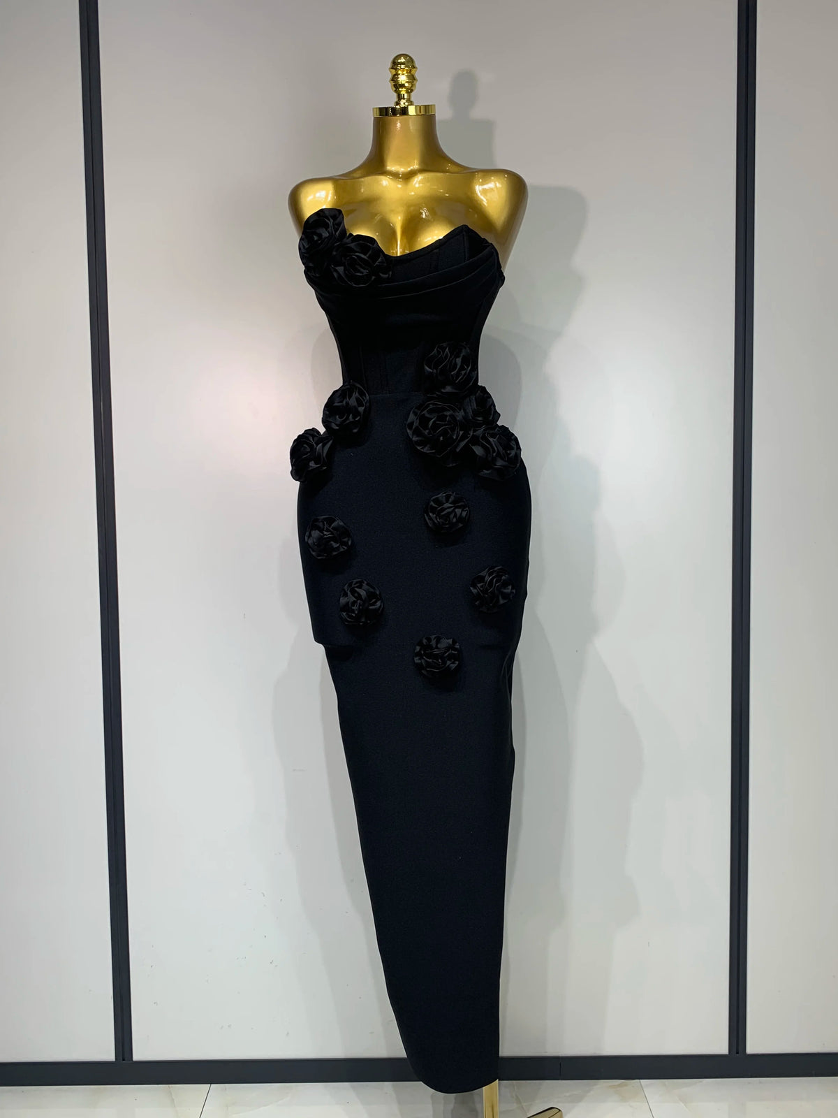 Women Sexy Strapless Backless Red Flower Midi Bandage Dress Celebirty Elegant Evening Club Party Birthday Dresses