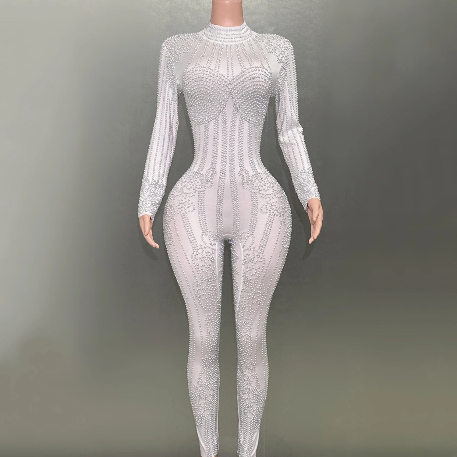 White Pearls Stretch Jumpsuit Evening Party Nightclub Bar Female Singer Dancer Performasnce Costume Celebrate Stage Wear