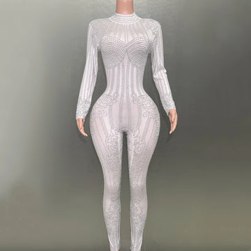 White Pearls Stretch Jumpsuit Evening Party Nightclub Bar Female Singer Dancer Performasnce Costume Celebrate Stage Wear