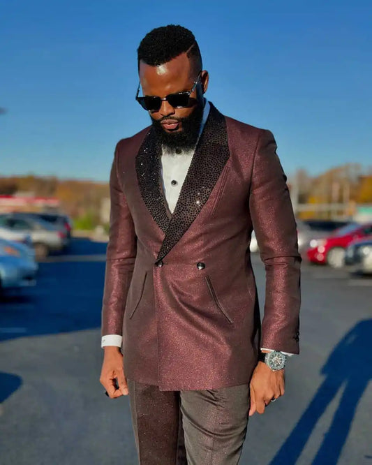 Unique Wedding Tuxedos Beaded Sequins Double Breasted Men Suits Shawl Lapel 2 Piece Set Jacket Pants Groom Blazers Customized