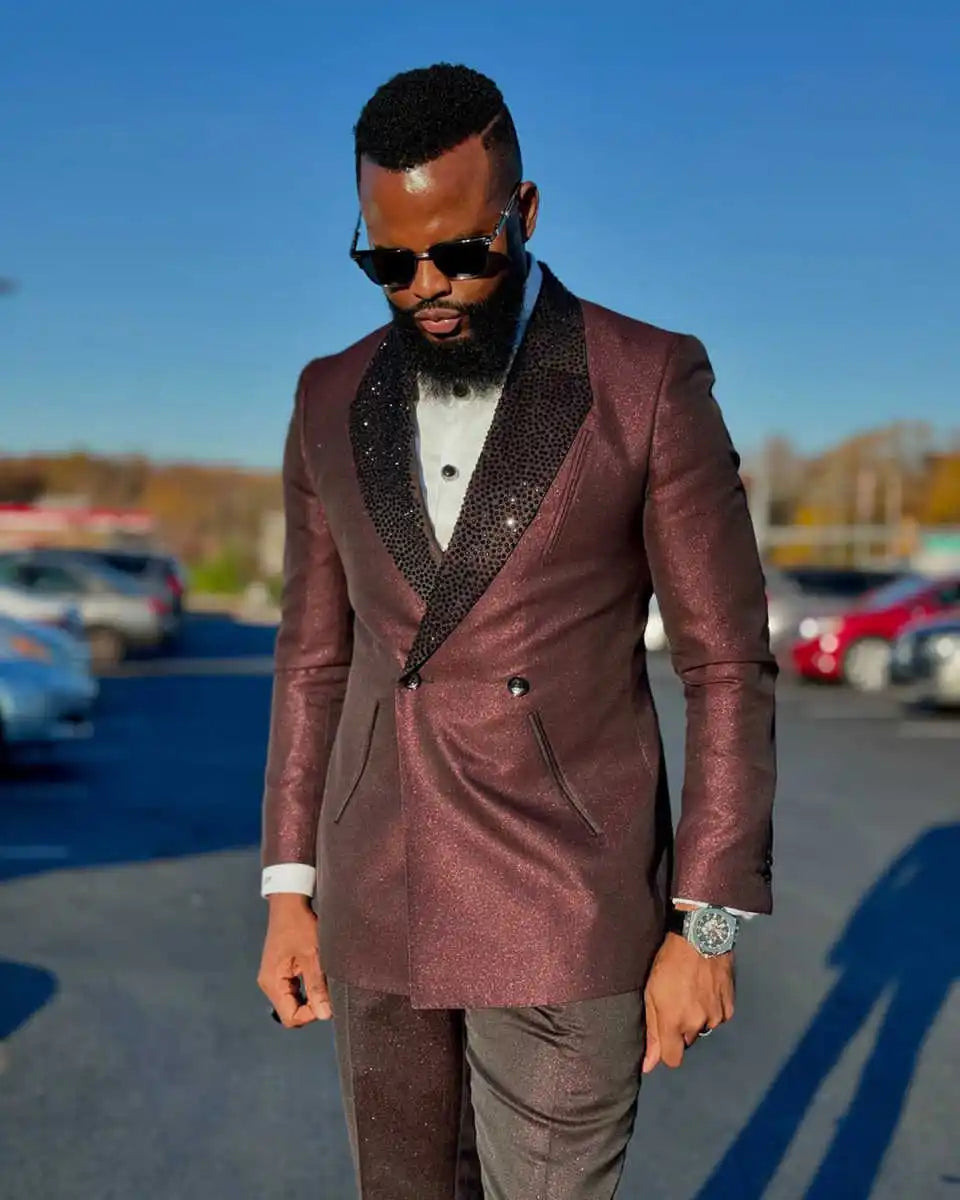 Unique Wedding Tuxedos Beaded Sequins Double Breasted Men Suits Shawl Lapel 2 Piece Set Jacket Pants Groom Blazers Customized