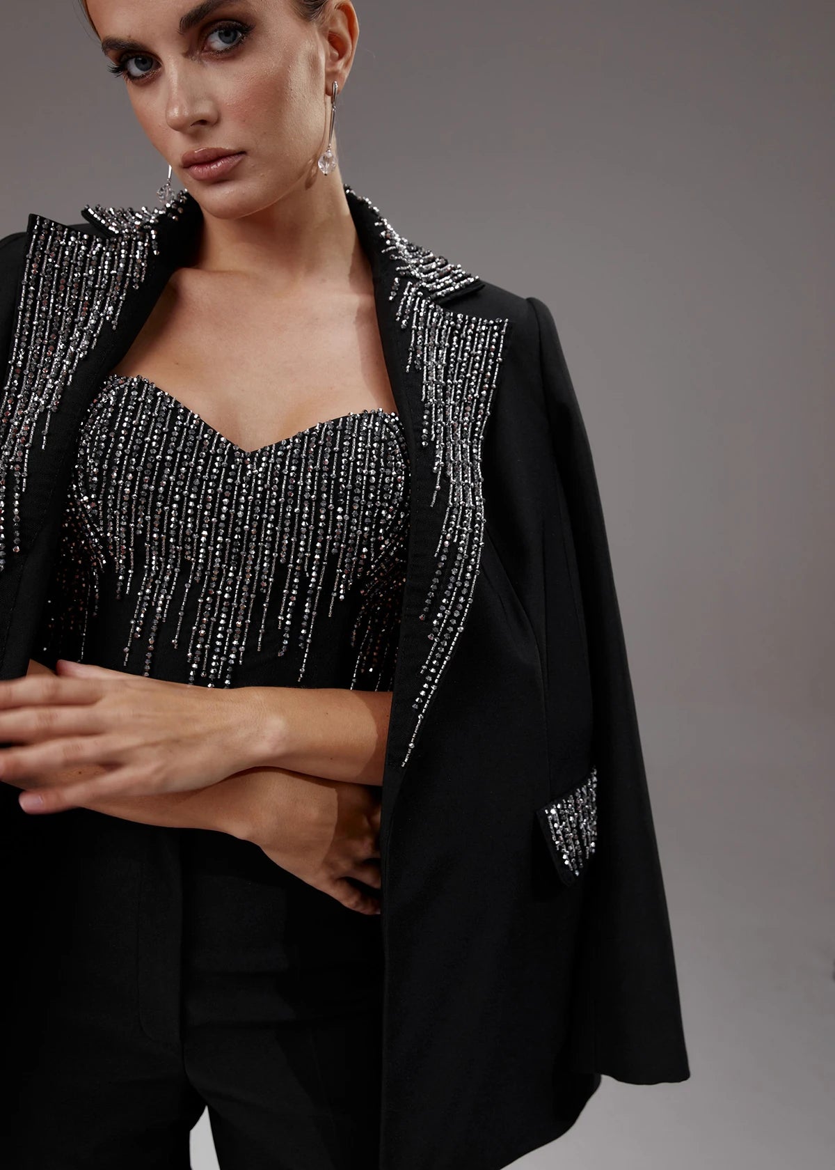 Ensemble 3 pièces blazer slim noir à paillettes pour femme, veste sur mesure pour soirée, bal, mariage