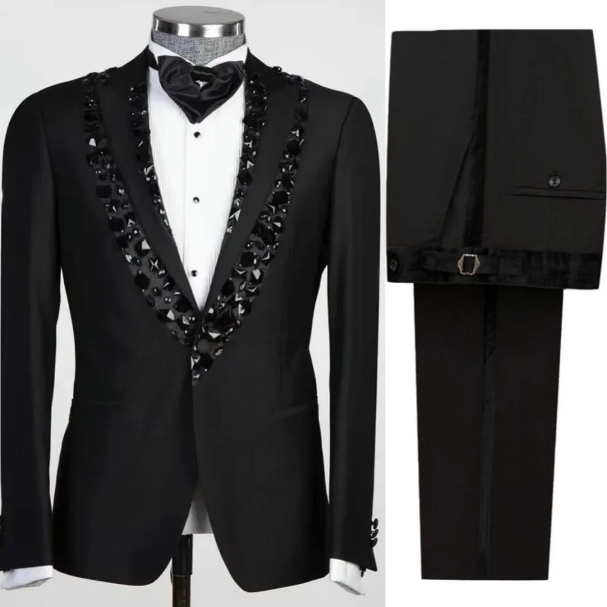 Handsome Wedding Tuxedos 2 Pcs Jacket Pants Peaked Lapel Men Suit Classic Fit Crystal One Button Evening Groom Coat Customized