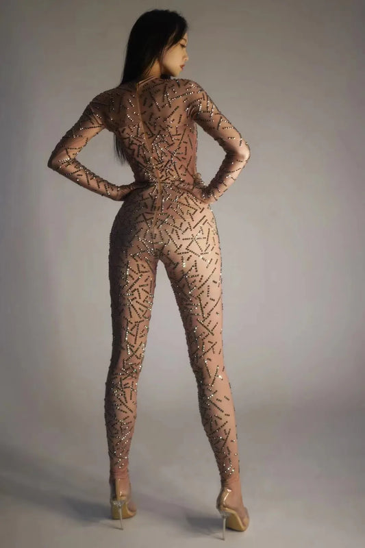 Sparkly Silver Rhinestones Nude Jumpsuit Sexy Nightclub Bar Wear Crystals Jumpsuit Costume Prom Birthday Celebrate Club Outfit