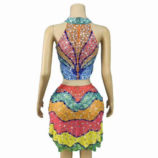 Sexy Multicolor Sparkly Rhinestones Top Skirt Dress Set Singer Dancer Performance Birthday Party Celebrate Photoshoot Stage Wear