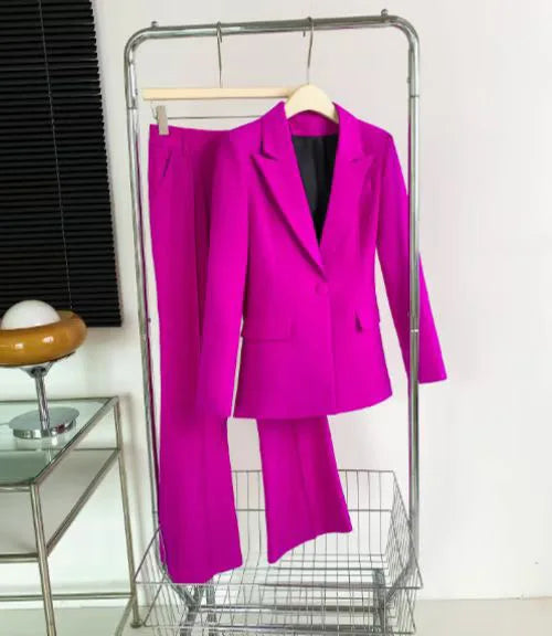 Royal Blue Women Suit Set Formal Blazer+Pants Single Button Slim Fit Cotton Business Work Wear Office Lady Jacket Coat