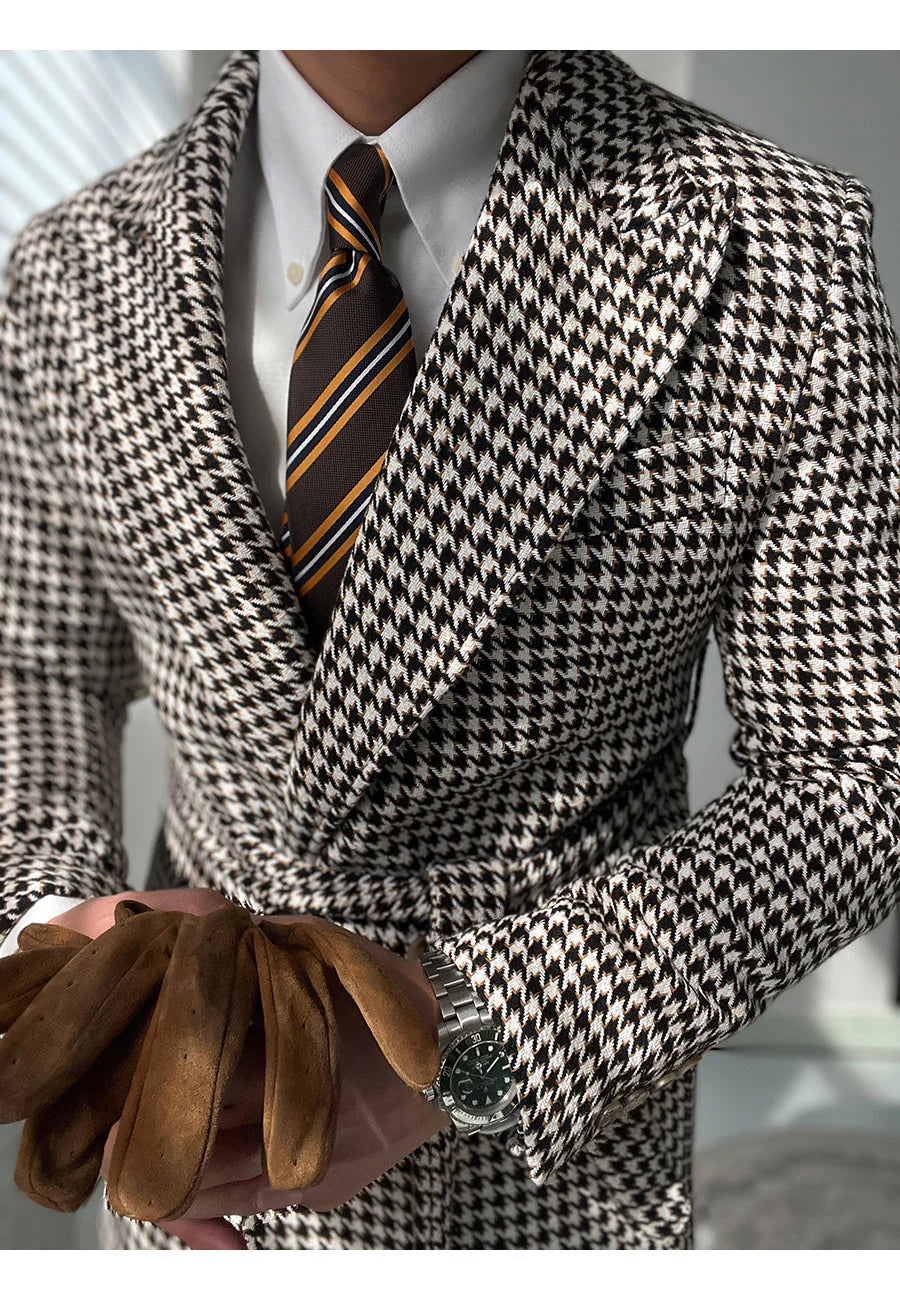 Houndstooth Woolen Blen Dplaid Retro Casual Men's Coat Slim Long Sleeve Belt Suit 2PC