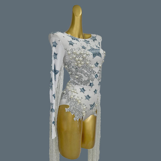 Body à grosses perles et strass pour femme, combinaison longue à franges, tenue de soirée, de discothèque, de danse, justaucorps 