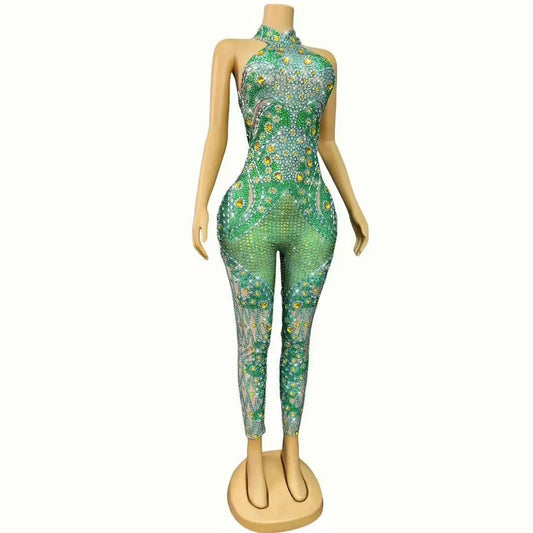Sexy Luxury Designed Sparkly Rhinestones Jumpsuit Party Celebrate Show Fashion Outfit Singer Dancer Performance Stage Costume