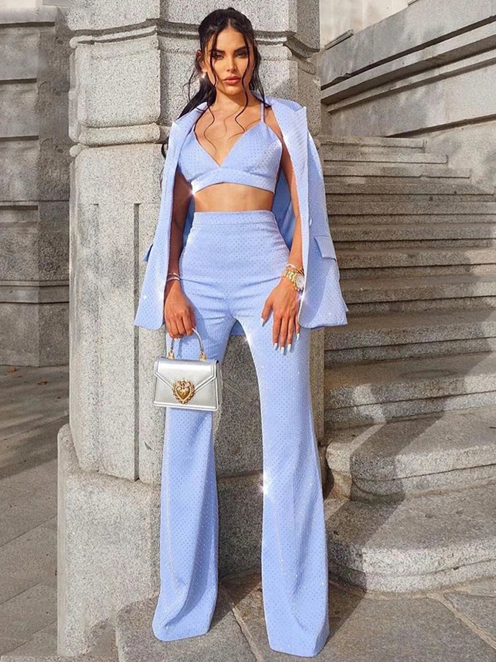 Ensemble élégant bleu et noir pour femme, 3 pièces, tenue de soirée, de travail, de bureau, veste, blazer, pantalon, haut