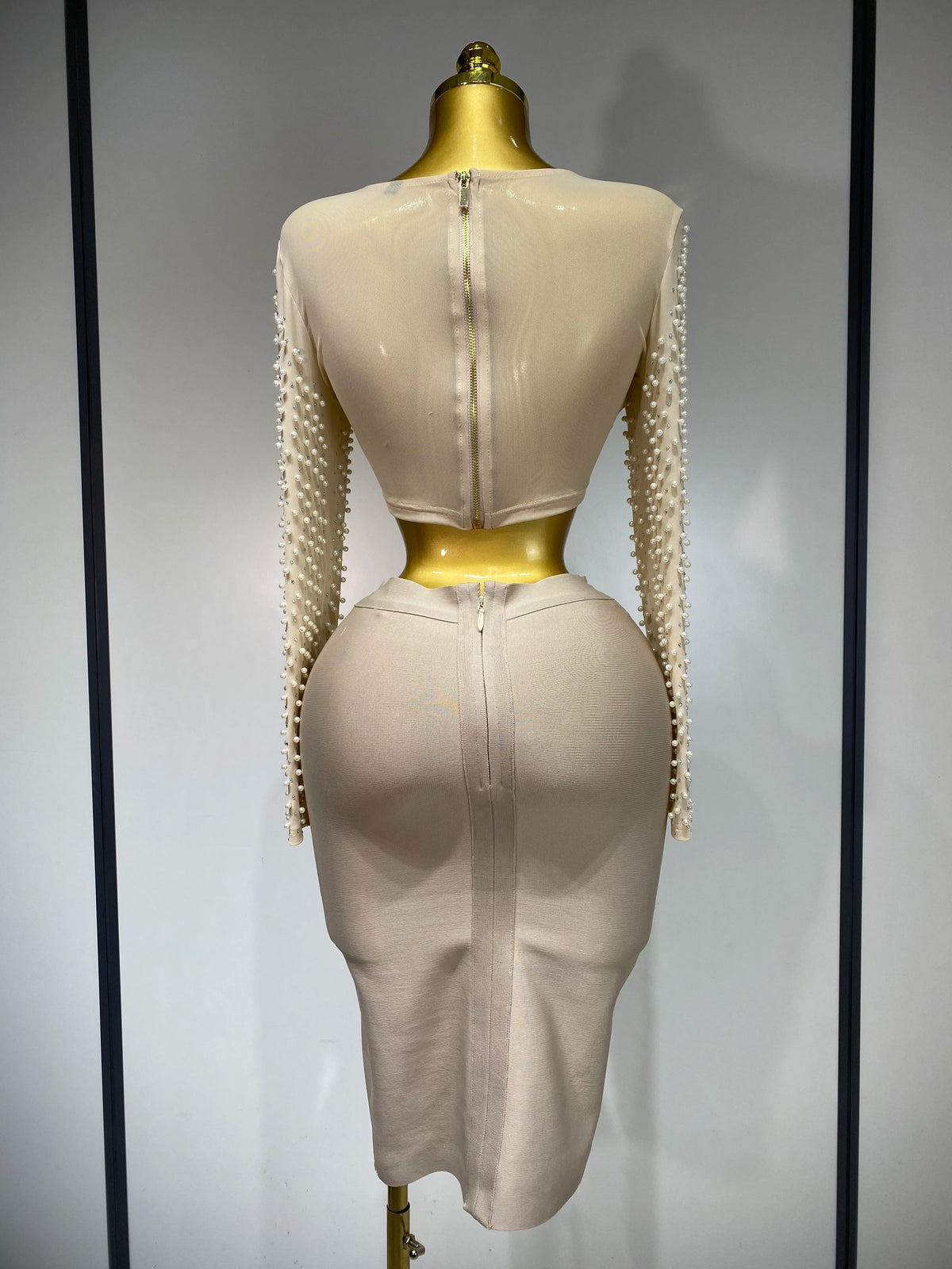 Women Sexy Long Sleeve Mesh Pearl Top Celebrity Midi Women Bandage Set Designer Evening Party Luxury Birthday Two Piece Set