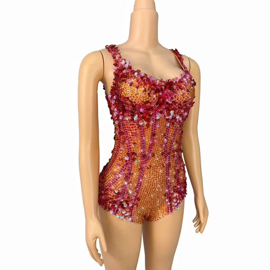 Sparkly Rhinestones Sequins Sleeveless Red Bodysuit Women Sexy Performance Dance Costume Singer Stage Wear Nightclub Outfit