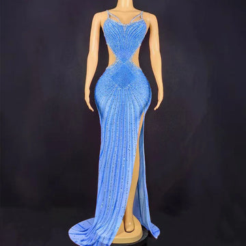 Sexy Pink Blue Sparkly Rhinestones Supenders High Split Backless Dress Women Evening Prom Gown Red Carpet Stage Photoshoot Dress