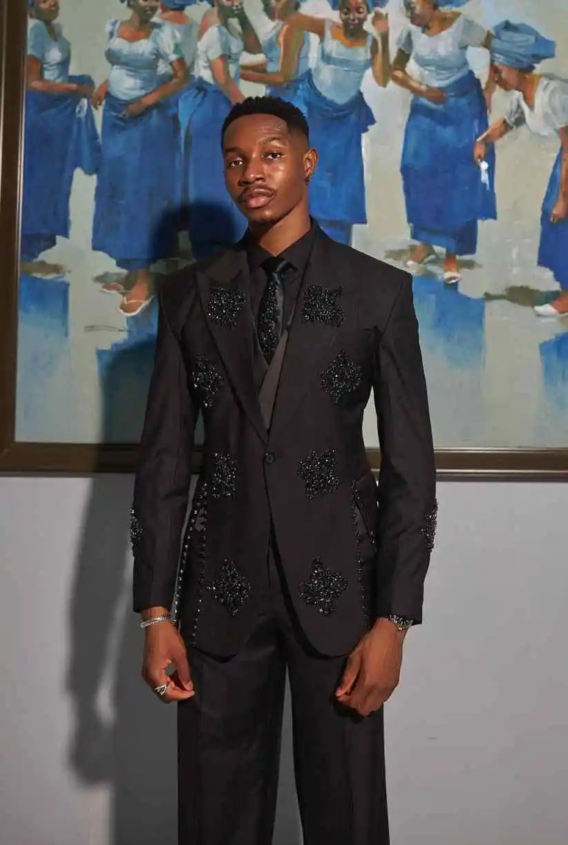Luxury Men Suit 2 Pieces Blazer Tuxedo One Button Crystals Beaded Slim Fit Wedding Groom Prom Customized