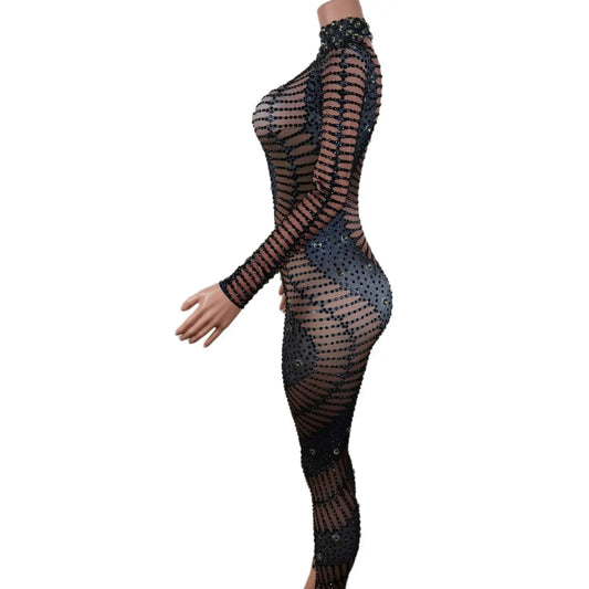 Luxury Sparkle Long Sleeve Rhinestones Pearl Jumpsuit Women Sexy Club Party Birthday Performance Drag Queen Clothing