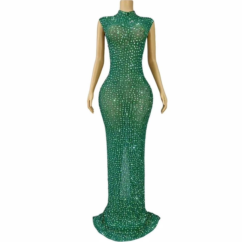Sexy High-end Party Evening Dress Blingbling Green Rhinestones Elegant Evening Prom Red carpet Outfit Perform Photoshoot Dress