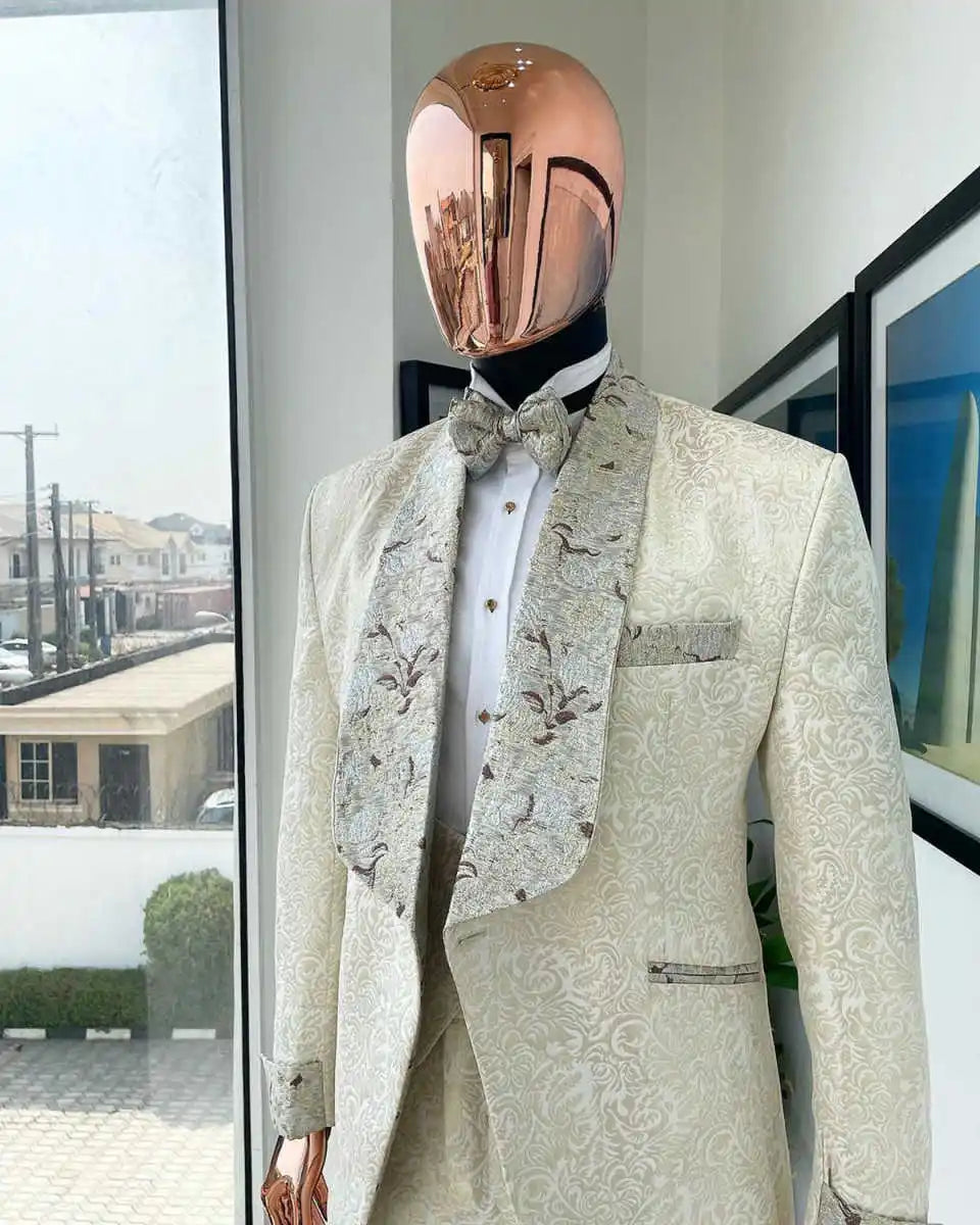 Elegant Wedding Tuxedos Jacquard One Button Men Suit Shawl Lapel 3 Piece Set Jacket Vest Pants Evening Groom Blazers Customized