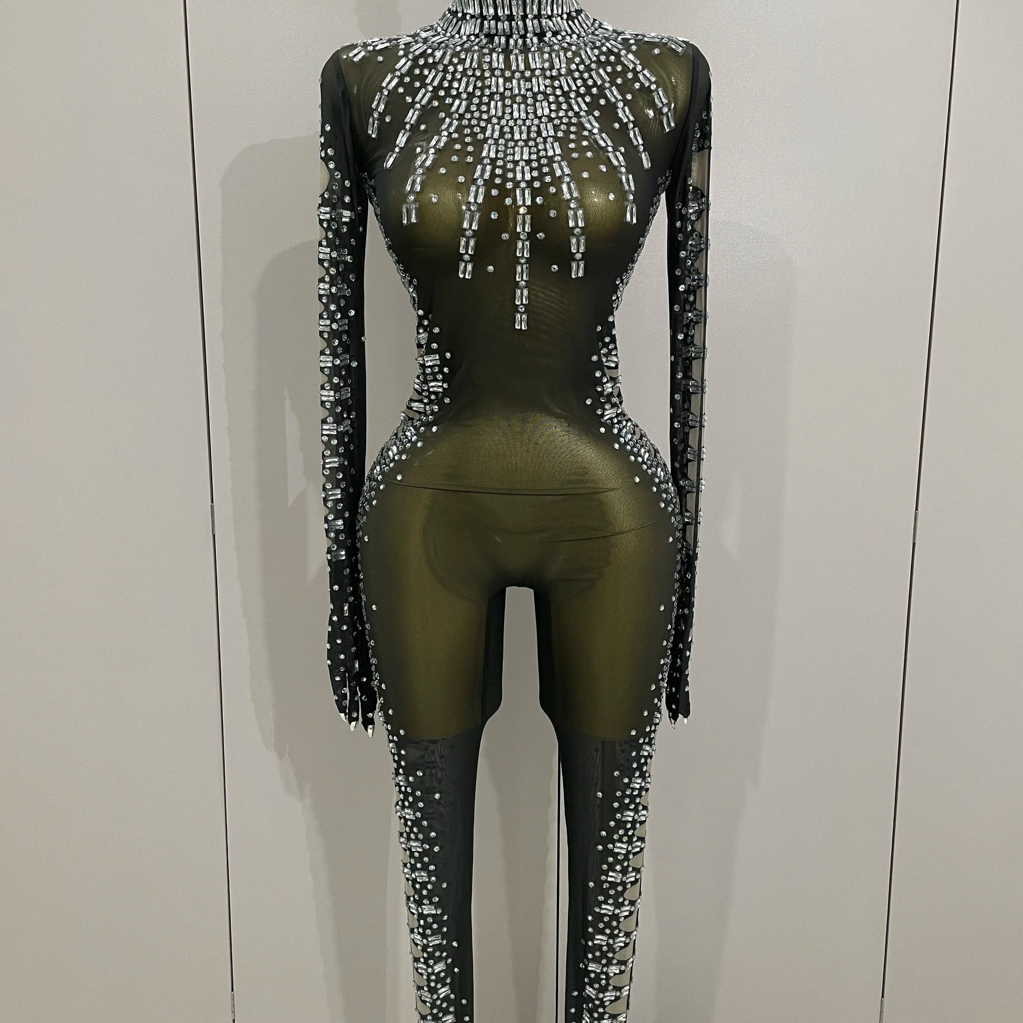 Combinaison sexy en maille noire scintillante avec gants pour femme, tenue de soirée, de chanteur, de danse, d'anniversaire ou de scène