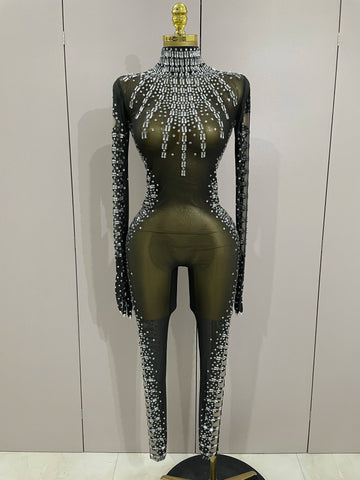 Combinaison sexy en maille noire scintillante avec gants pour femme, tenue de soirée, de chanteur, de danse, d'anniversaire ou de scène
