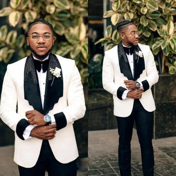 Elegant Wedding Tuxedos 2 Pcs Jacket Pants Shawl Lapel Men Suit Fashion Beaded Groom Wear Party Evening Suits Customized