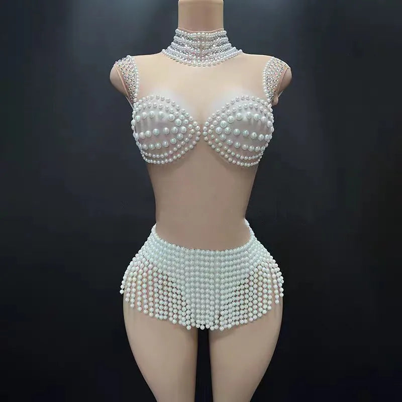 French Romantic Pearl Jumpsuit, Beach Resort, Hot Spring Swimsuit, Acrobatics Performance Suit, Girl Group Singing Suit