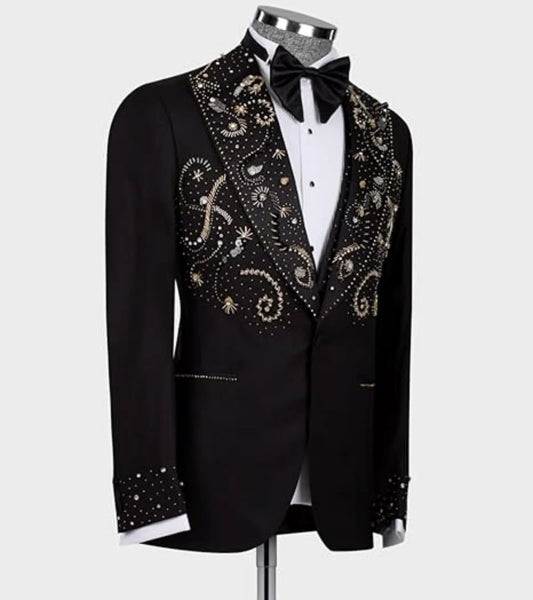 Luxury Gold Beads Men Suits Lapel Groom Best Men Party Tuxedos Custom Made 3 Pieces Sets Male Blazers Slim Fit Costumes Homme