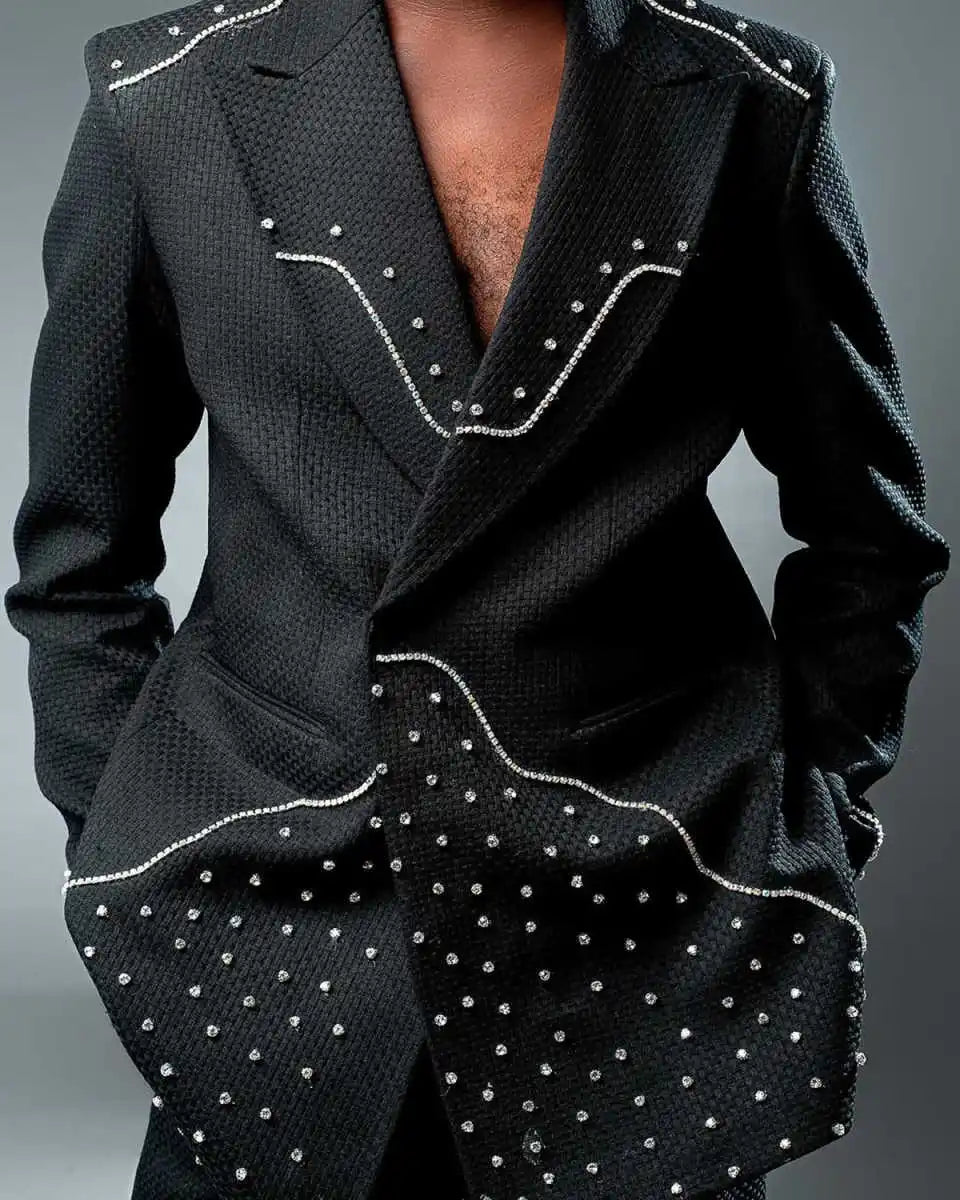 Modern Wedding Tuxedos 2 Piece Set Jacket Pants Waffle Crystal Men Suit Peaked Lapel Groom Wear Party Suits Customized