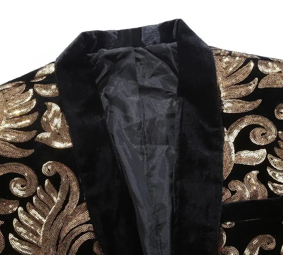 (Blazer + Trousers) Men's Gold Velvet Fashion Elegant Casual Wedding Banquet Party Sequin Costumes Two Piece Set
