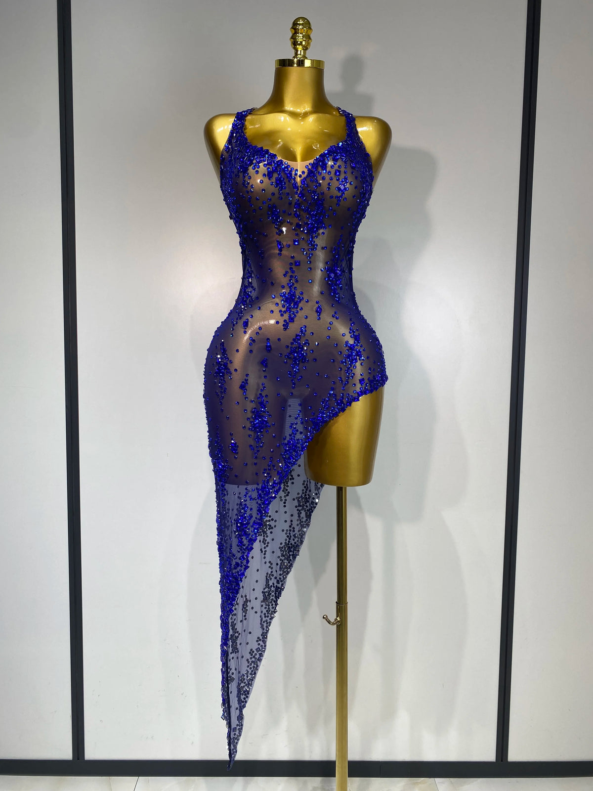 Sparkly Crystal Diamond Gold Sexy See-Through Sheath Dress Nightclub Performance Custom Stage Wear Birthday Evening Party Dress