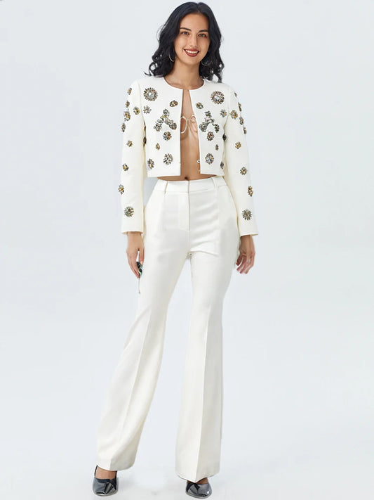 Conjunto de chaqueta corta con cuello redondo y cuentas, pantalón y chaqueta de primavera, con abertura en blanco y negro, para negocios, con pantalones acampanados. 