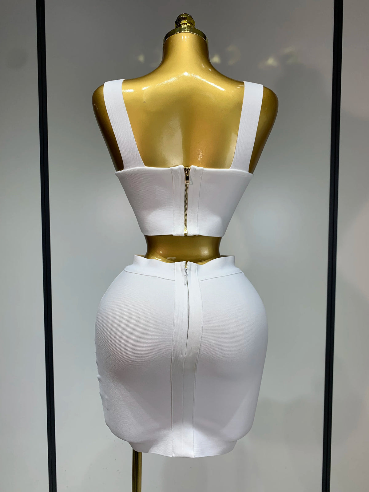 Women Sexy Top Short Skirt Bodycon Bandage Two Pieces Sets White Black Evening Party Luxury Birthday Outfit Nightclub Suits