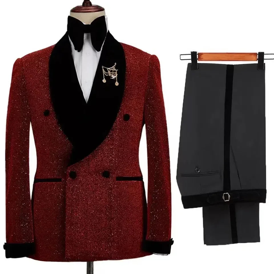 Men Suits 2 Pieces Shining Jacket with Black Pants Set Velvet Shawl Collar Wedding Groom Tuxedos Double Breasted Dress Costumes