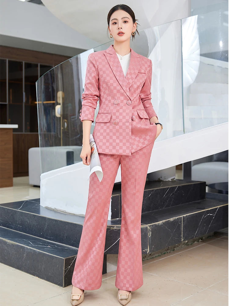 Fashion Ladies Formal Pant Suit Women Purple Pink Black Plaid Jacket and Trouser Female Business Work Wear 2 Piece Blazer Set