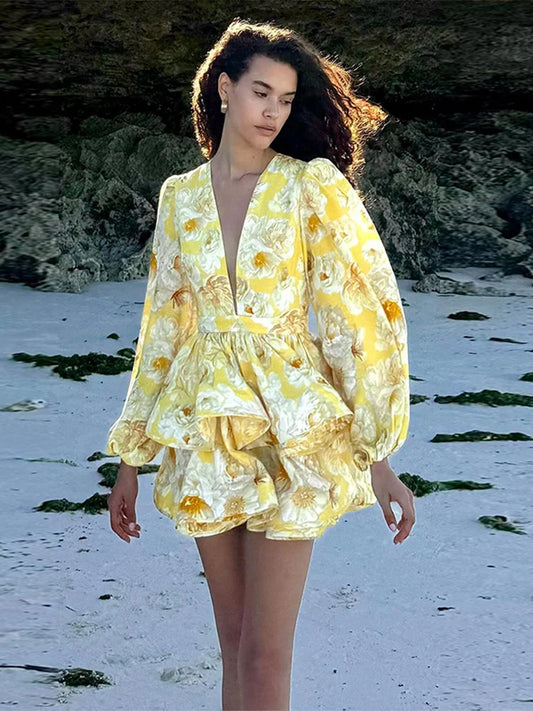 Elegant Print Ruffles Mini Dress Women Deep V Neck Long Sleeves A Line Dresses Female Spring New Fashion Fluffy Robe Lady