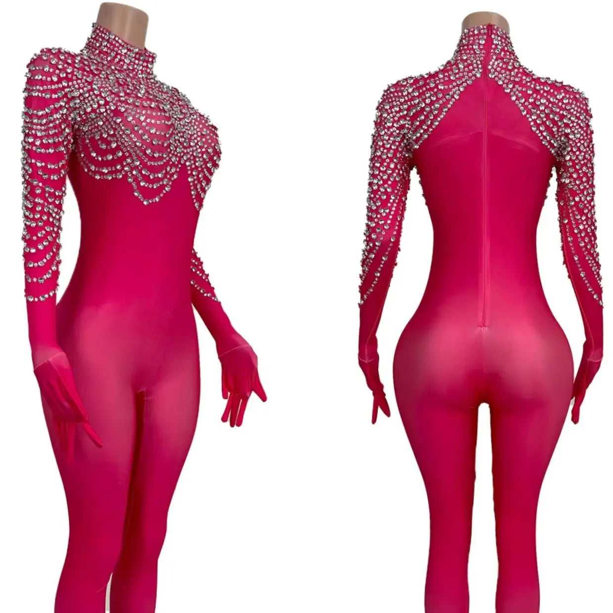 Spandex Elastic Bodysuit Gloves Sexy Women Halloween Party Jumpsuit Bar Stage Show Outfit Tight Sparkly Crystals Jumpsuit