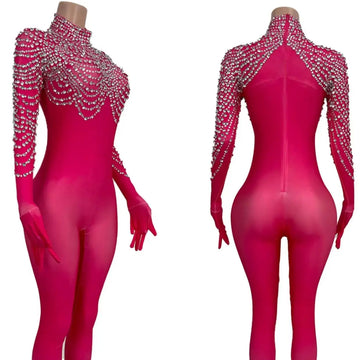 Spandex Elastic Bodysuit Gloves Sexy Women Halloween Party Jumpsuit Bar Stage Show Outfit Tight Sparkly Crystals Jumpsuit